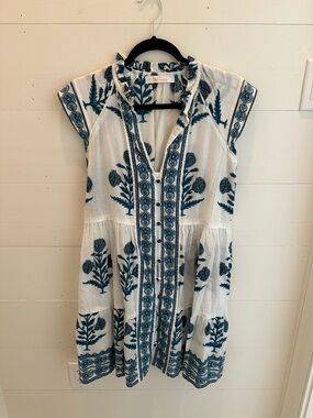 Indu White and Blue Embroidered Cotton Swim Coverup